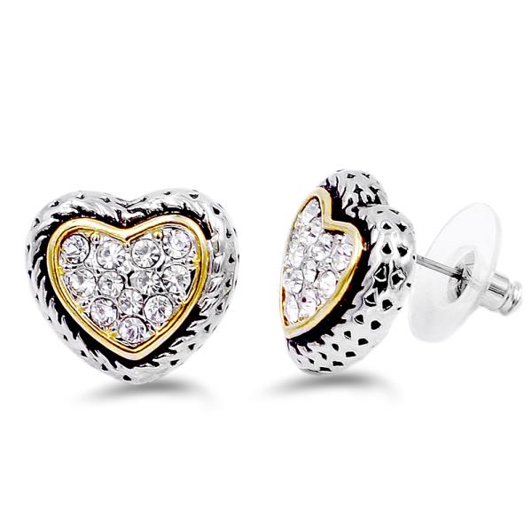 2 TONE CUBIC ZIRCONIA HEART STUD EARRINGS
