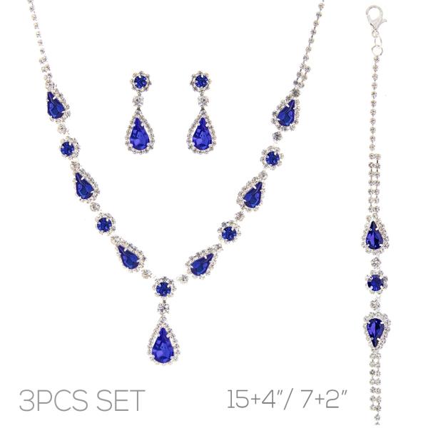 RHINESTONE TEARDROP NECKLACE EARRING BRACELET 3 PC SET