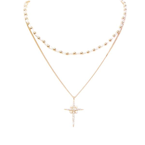 2 LAYERED STARBURST PENDANT PEARL NECKLACE