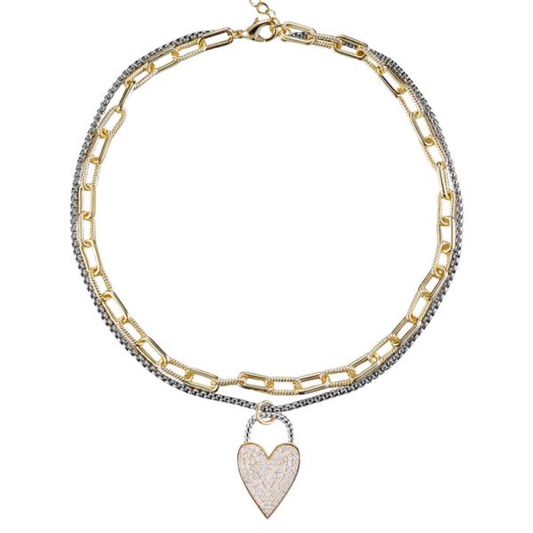 HEART PENDANT OVAL LINK TWO TONE NECKLACE