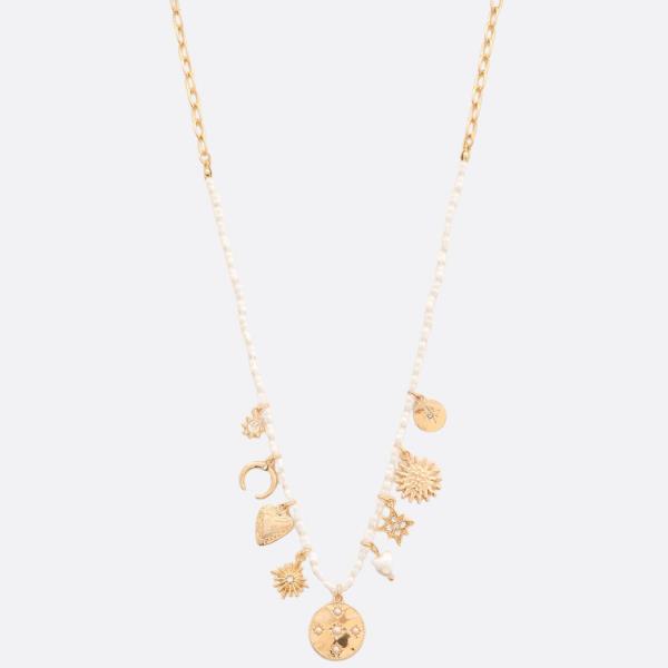 COIN HEART CHARM PEARL BEAD NECKLACE