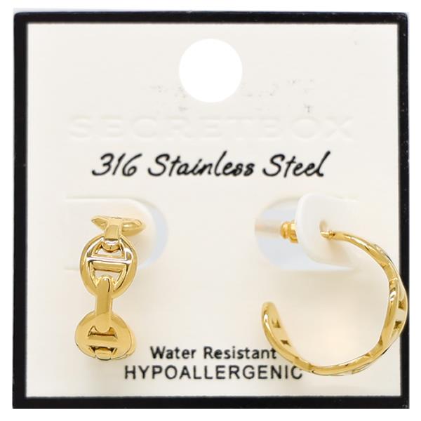 SECRET BOX STAINLESS STEEL OVAL LINK HOOP WATER RESISTANT EARRING