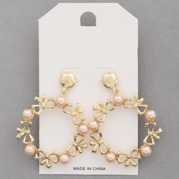 RIBBON BOW PEARL BEAD DANGLE EARRING