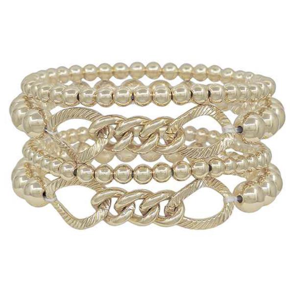 WATER RESISTANT 4 SET CHUNKY CHAIN FRONT ACCENT METAL CCB STRETCH BRACELET