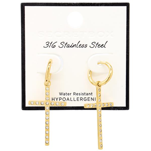 SECRET BOX STAINLESS STEEL CROSS HUGGIE WATER RESISTANT  EARRING