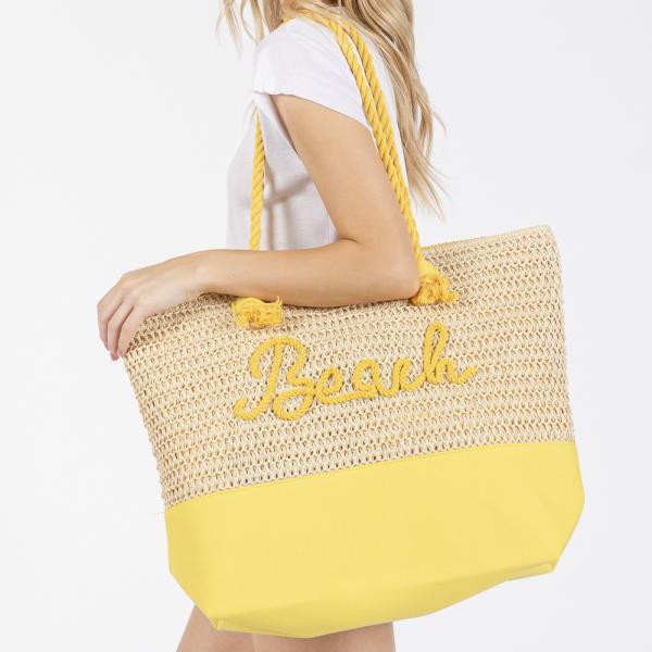 COLOR SEWN ROPE BEACH LETTER AND STRAP CROCHET, FABRIC TOTE BAG