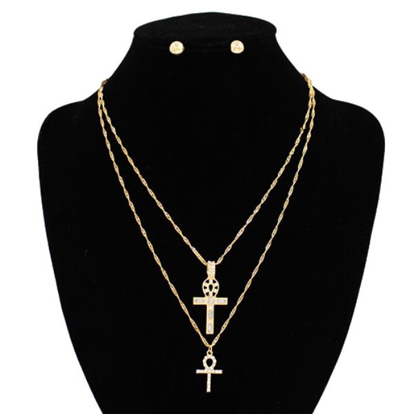 2 LAYERED METAL CHAIN CROSS PENDANT NECKLACE EARRING SET
