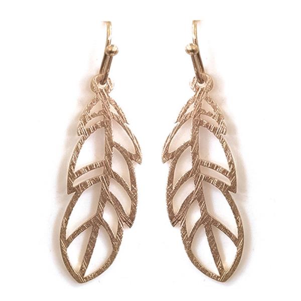 TEXTURED METAL FEATHER CUTOUT DESIGN DANGLE HOOK EARRINGS
