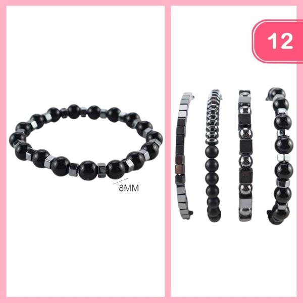BLACK BEADED STRETCH BRACELET SET (12 UNITS)