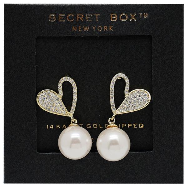 SECRET BOX CZ HEART PEARL BEAD GOLD DIPPED EARRING