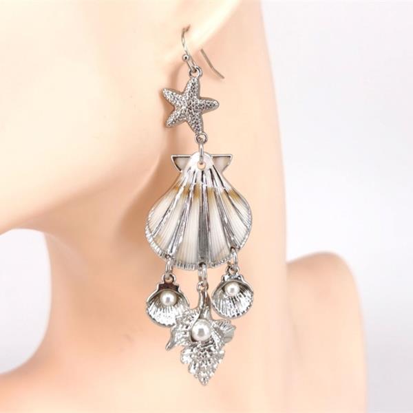STARFISH SEASHELL METAL PEARL BEAD DANGLE EARRING