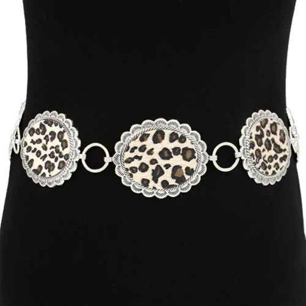 METAL LINK OVAL CONCHO LEOPARD PRINT WESTERN CHAIN BELT