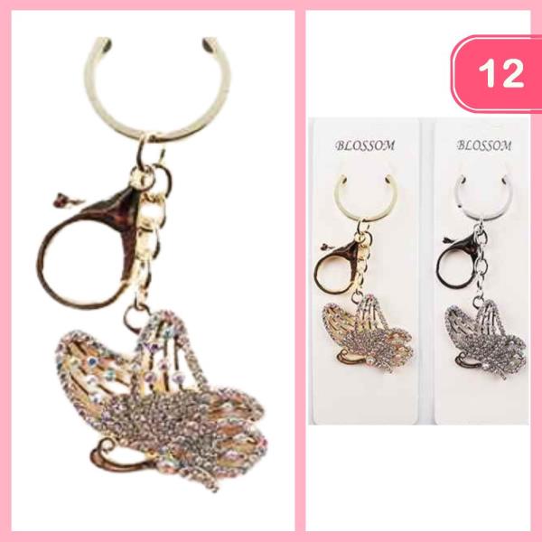 METAL RHINESTONE BUTTERFLY ORNATE TEXTURED DROP KEYCHAIN (12 UNITS)