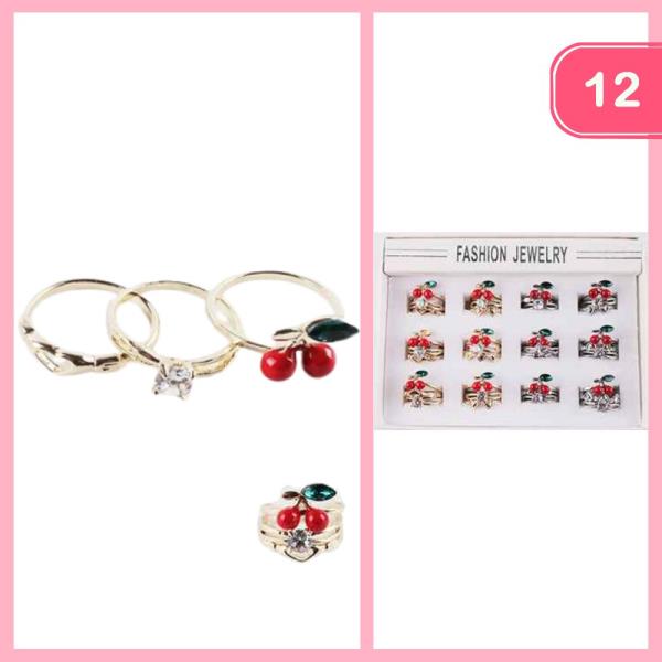 METAL RHINESTONE CHERRY STACKABLE RING SET (12 UNITS)