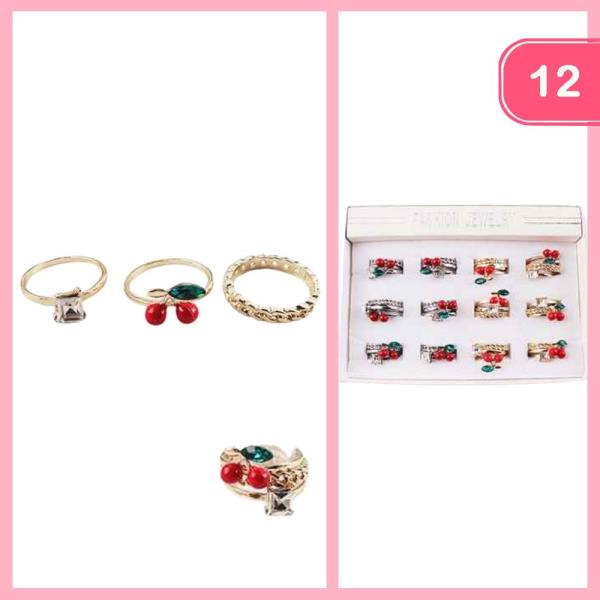 METAL RHINESTONE CHERRY STACKABLE RING SET (12 UNITS)