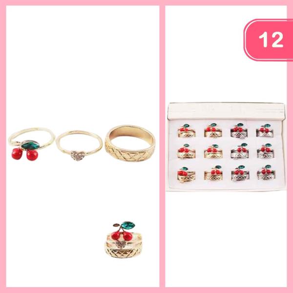 METAL RHINESTONE CHERRY STACKABLE RING SET (12 UNITS)