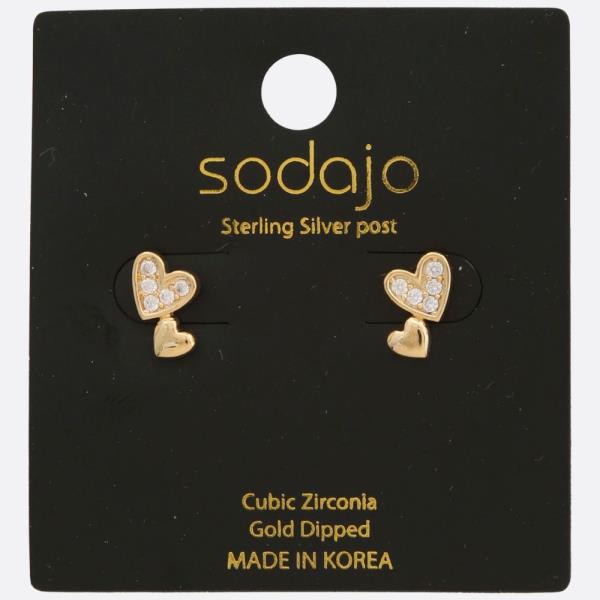 SODAJO DOUBLE HEART CZ GOLD DIPPED STERLING SILVER POST EARRING