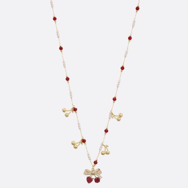 CHERRY RHINESTONE RIBBON BOW BEADED STATION NECKLACE