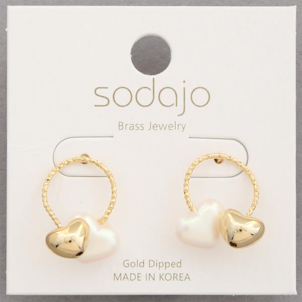 SODAJO PEARL METAL HEART GOLD DIPPED EARRING