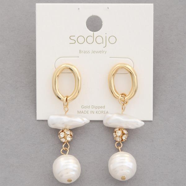 SODAJO PEARL BEAD RHINESTONE BALL BEAD GOLD DIPPED DANGLE EARRING