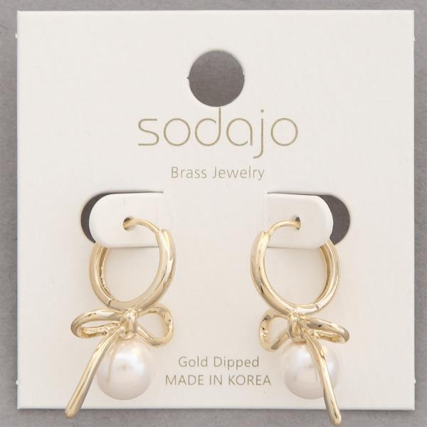 SODAJO RIBBON BOW PEARL BEAD HUGGIE GOLD DIPPED EARRING