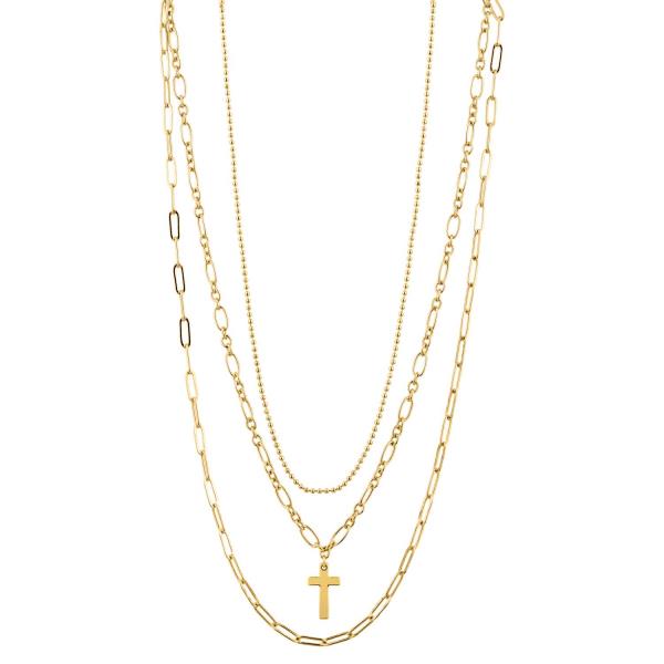 DAINTY CROSS CHARM OVAL LINK METAL LAYERED NECKLACE
