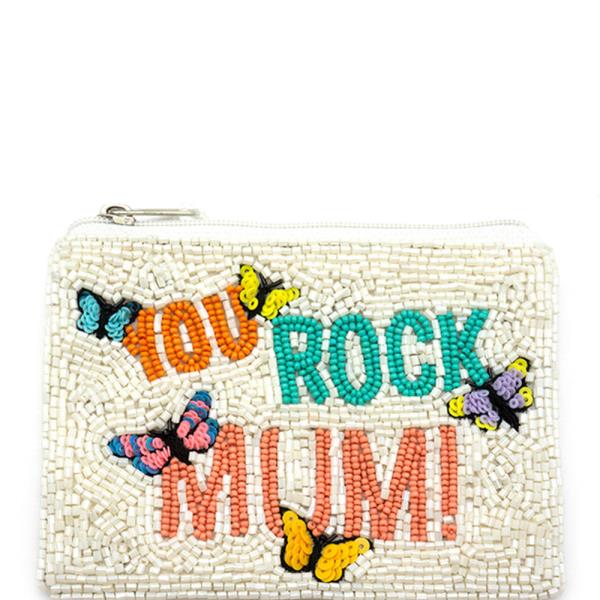 BUTTERFLY YOU ROCK MUM SEED BEADED COIN PURSE POUCH BAG
