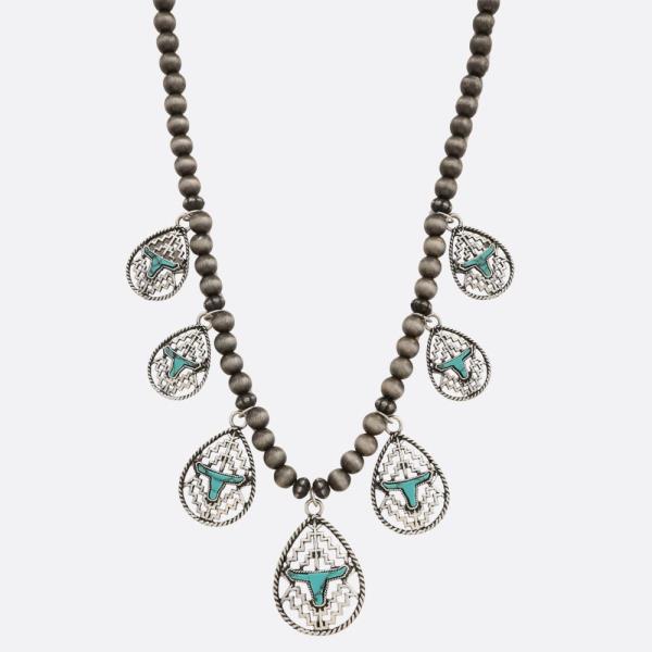WESTERN STYLE CATTLE HEAD TEARDROP STATION BEADED NECKLACE