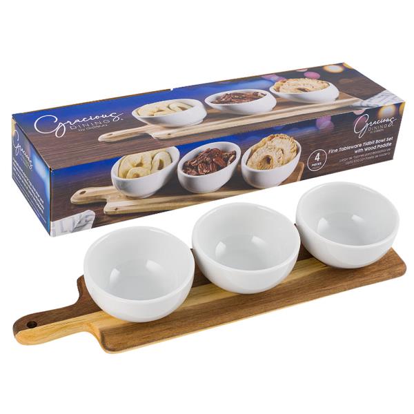 GIBSON GRACIOUS DINING FINE TABLEWARE TIDBIT BOWL SET WITH WOOD PADDLE
