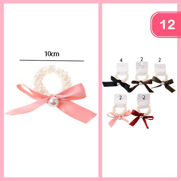 HAIR TIE WITH PEARL BEADS AND BOW 10CM ELASTIC BAND (12 UNITS)