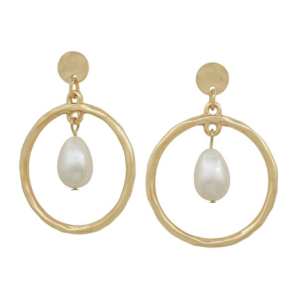 WATER RESISTANT CIRCLE POST FRESHWATER PEARL DANGLE EARRING