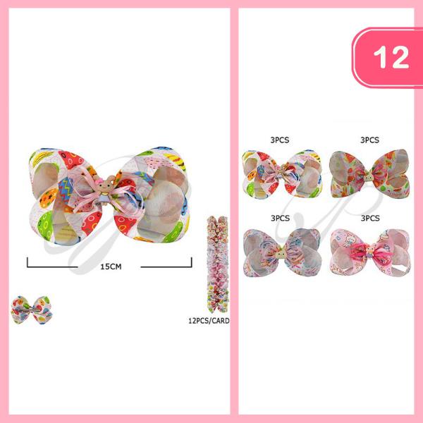 PRINTED BEAR RIBBON HAIR BOW PIN (12 UNITS)