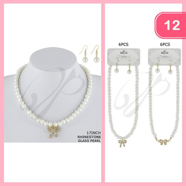 RHINESTONE BOW PEARL NECKLACE EARRINGS SET (12 UNITS)