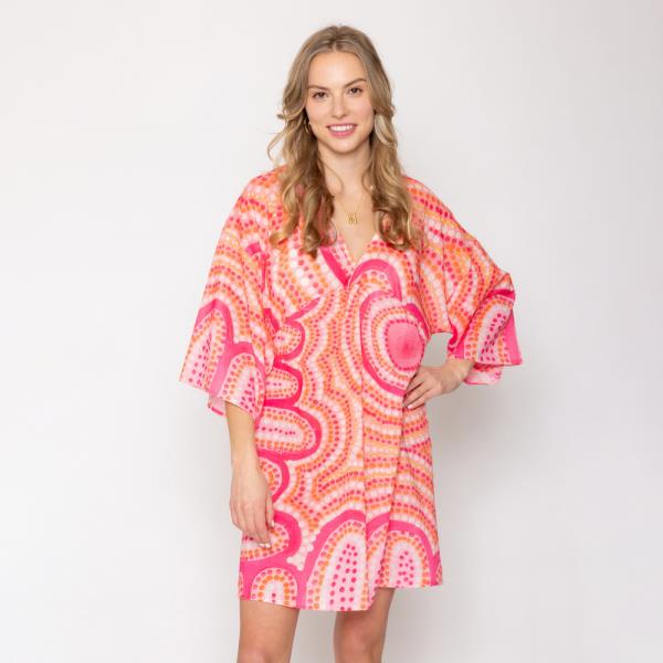 3/4 SLEEVE ABSTRACT PRINT V NECK MINI MAXI DRESS