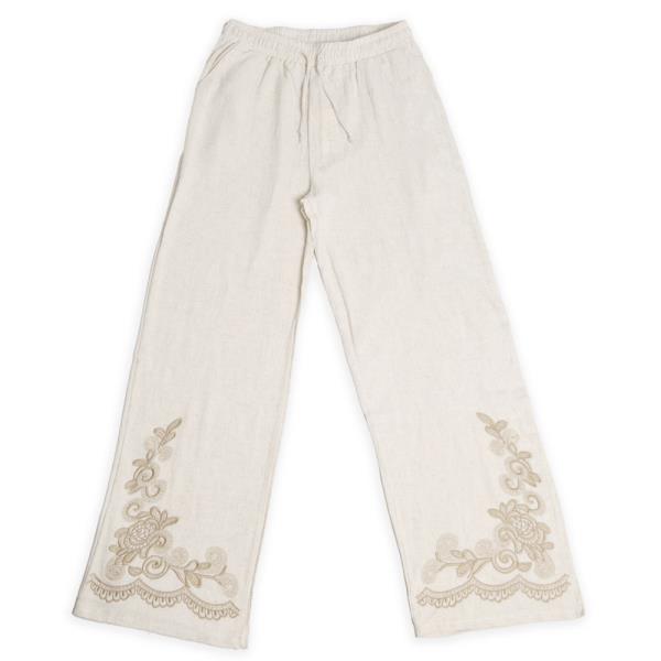 EMBROIDERED LINEN WIDE LEG PANTS