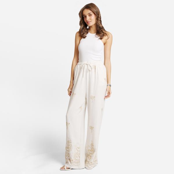 PAISLEY EMBROIDERED WIDE LEG PANTS