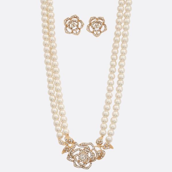 FLOWER PENDANT PEARL BEAD LAYERED NECKLACE