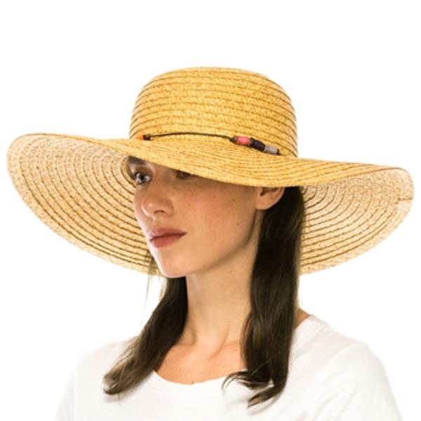 STRAW WIDE BRIM HAT W/ COLORFUL WRAPPED BEADS