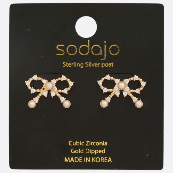 SODAJO RIBBON BOW CZ GOLD DIPPED STERLING SILVER POST EARRING