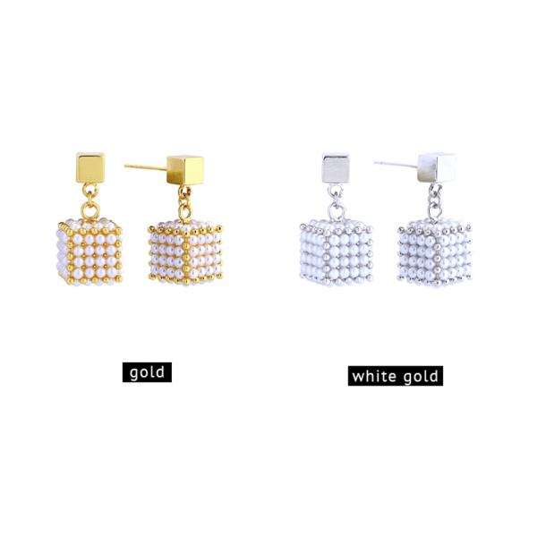 14K GOLD/WHITE GOLD DIPPED CUBE PEARL DROP EARRINGS