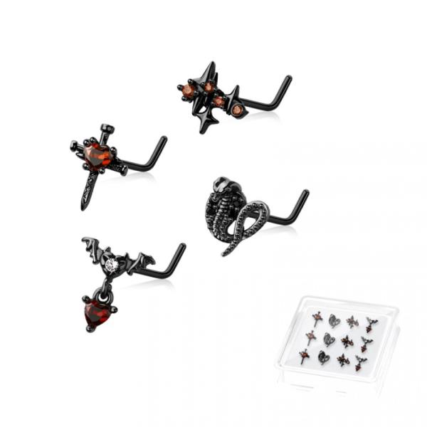 12PCS OF ASSORTED 316L SURGICAL STEEL L-SHAPE NOSE RING (HALLOWEEN)