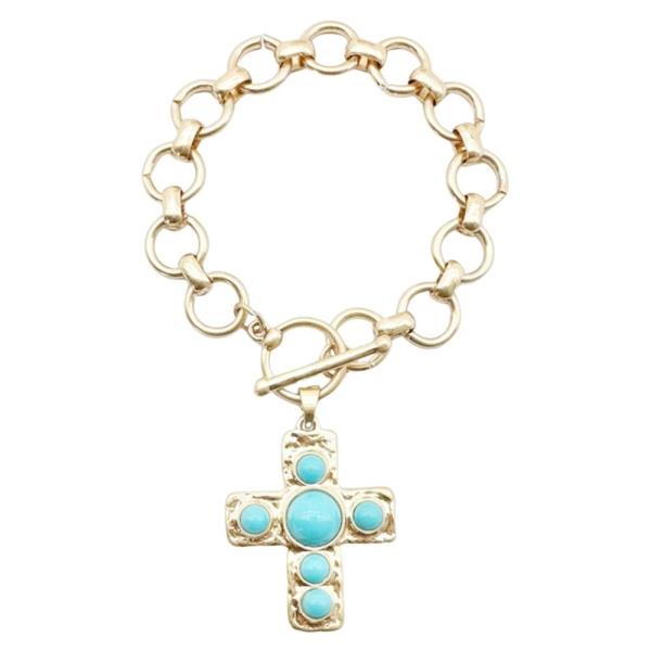 METAL RESIN ROUND CHAIN CROSS STONE BRACELET