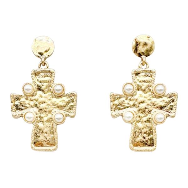 WESTERN METAL STONE CROSS DROP EARRINGS
