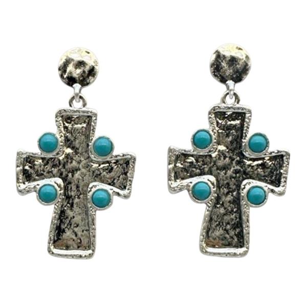WESTERN METAL STONE CROSS DROP EARRINGS