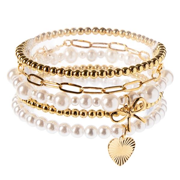 METAL PEARL BEAD BOW HEART LAYERED BRACELET SET