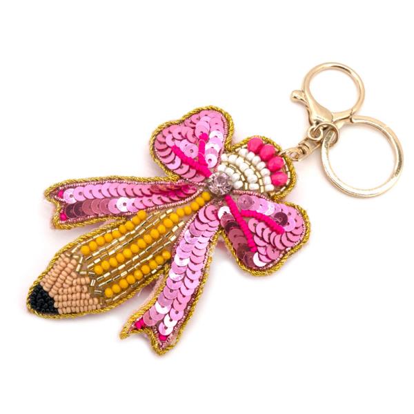 PENCIL SEQUIN BOW GEM LONGTAIL RIBBON SHAPE KEYCHAIN