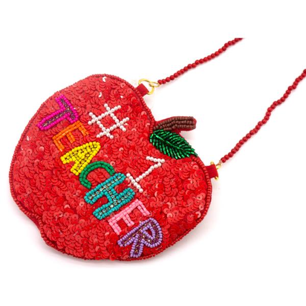 SEQUINS LETTER 1 TEACHER APPLE SHAPE CROSSBODY BAG