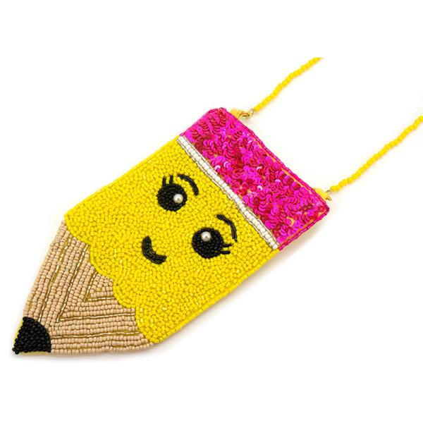BEADS FACE EYES EYELASH SMILE PENCIL SHAPE CROSSBODY BAG