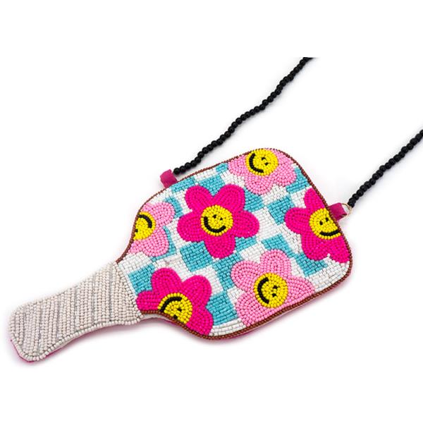 BEADS FLOWER SMILEY CHECKERED PATTERN RACKET SHAPE CROSSBODY BAG