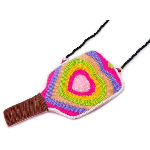BEADS HEART MULTI COLOR STRIPE RACKET SHAPE CROSSBODY BAG